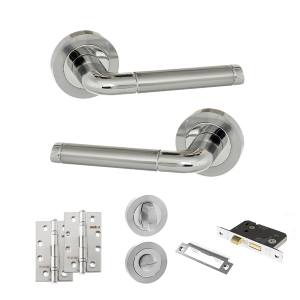 Eco Ocean Door Handle Pack (Bathroom Set - 3" CE Bathroom Lock, 4" Slim Knuckle Hinges x2) by Atlantic Hardware