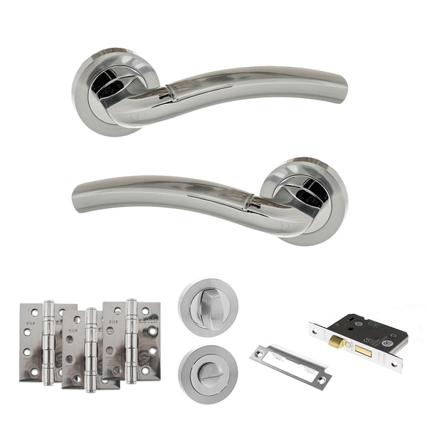 Eco Crest Door Handle Pack (Bathroom Set - 2.5" CE Bathroom Lock, 4" Fire Rated Hinges x3) by Atlantic Hardware