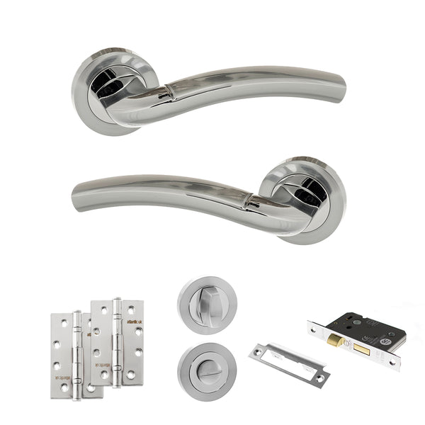 Eco Crest Door Handle Pack (Bathroom Set - 3" CE Bathroom Lock, 4" Slim Knuckle Hinges x2) by Atlantic Hardware