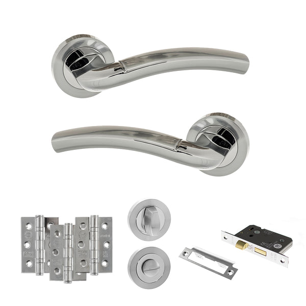 Eco Crest Door Handle Pack (Bathroom Set - 2.5" CE Bathroom Lock, 3" Fire Rated Hinges x3) by Atlantic Hardware