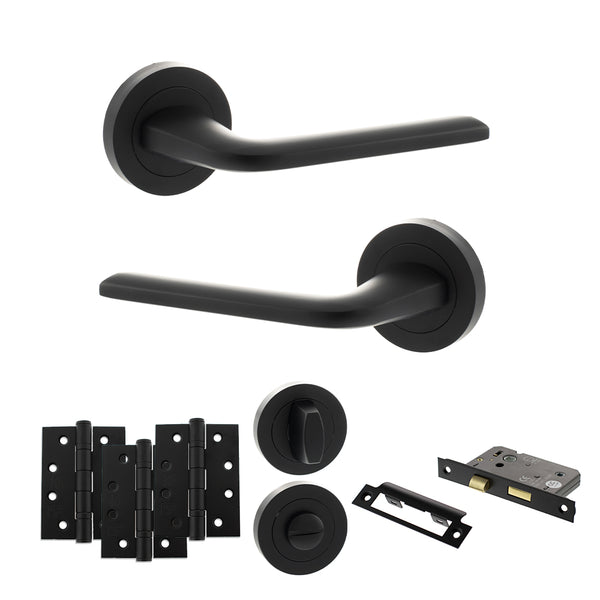 Eco Surf Door Handle Pack (Bathroom Set - 2.5" CE Bathroom Lock, 4" Fire Rated Hinges x3) by Atlantic Hardware