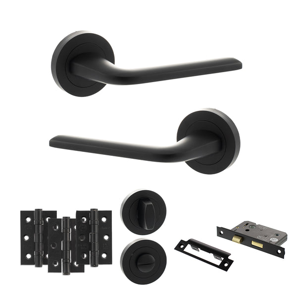 Eco Surf Door Handle Pack (Bathroom Set - 2.5" CE Bathroom Lock, 3" Fire Rated Hinges x3) by Atlantic Hardware