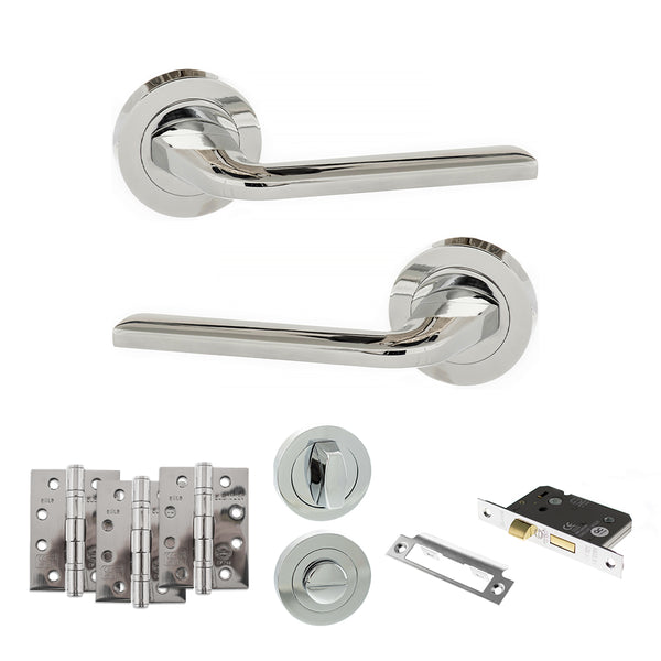 Eco Surf Door Handle Pack (Bathroom Set - 3" CE Bathroom Lock, 4" Fire Rated Hinges x3) by Atlantic Hardware