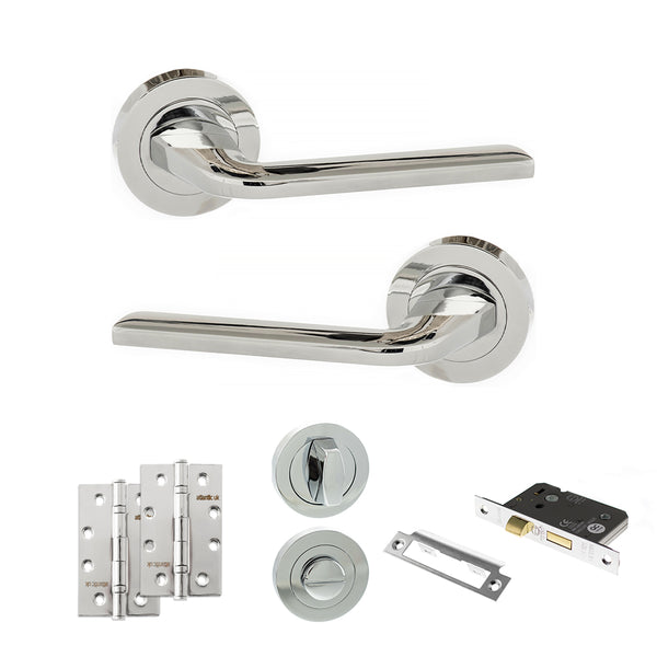 Eco Surf Door Handle Pack (Bathroom Set - 2.5" CE Bathroom Lock, 4" Slim Knuckle Hinges x2) by Atlantic Hardware