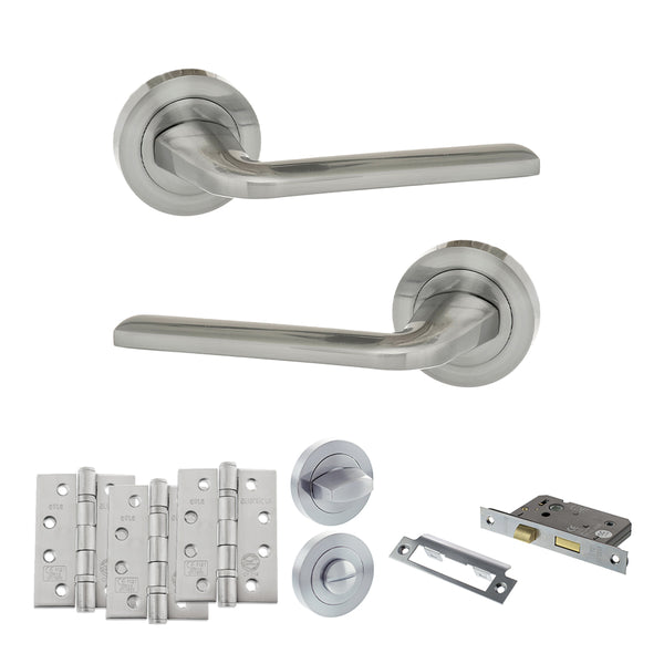 Eco Surf Door Handle Pack (Bathroom Set - 3" CE Bathroom Lock, 4" Fire Rated Hinges x3) by Atlantic Hardware