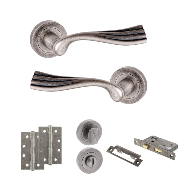 Old English Richmond Door Handle Pack (Bathroom Set - 3" CE Bathroom Lock, 4" Slim Knuckle Hinges x2) by Atlantic Hardware