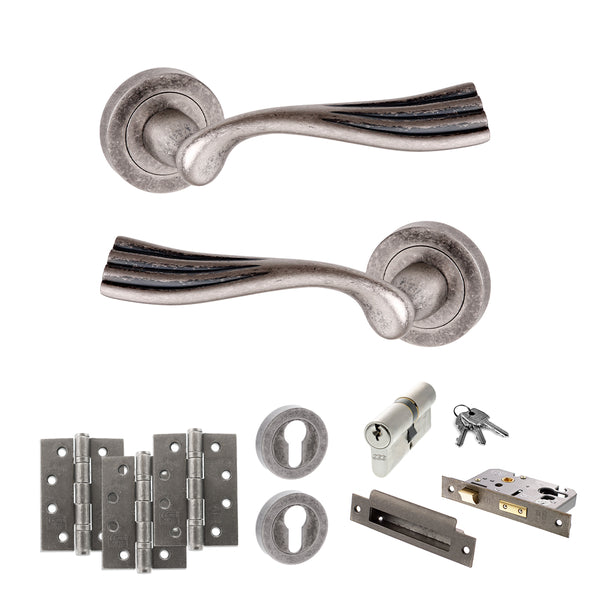 Old English Richmond Door Handle Pack (Euro Lock Set - 3" CE Sashlock, 4" Fire Rated Hinges x3) by Atlantic Hardware