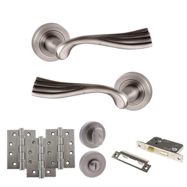 Old English Richmond Door Handle Pack (Bathroom Set - 3" CE Bathroom Lock, 4" Fire Rated Hinges x3) by Atlantic Hardware