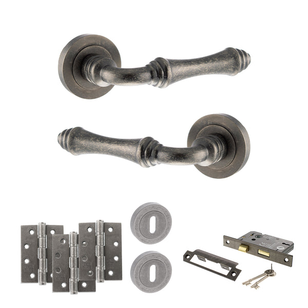 Old English Durham Door Handle Pack (3 Lever Lock Set - 2.5" CE Sashlock, 4" Fire Rated Hinges x3) by Atlantic Hardware