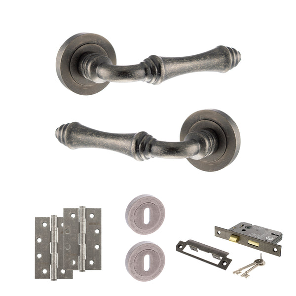 Old English Durham Door Handle Pack (3 Lever Lock Set - 2.5" CE Sashlock, 4" Slim Knuckle Hinges x2) by Atlantic Hardware