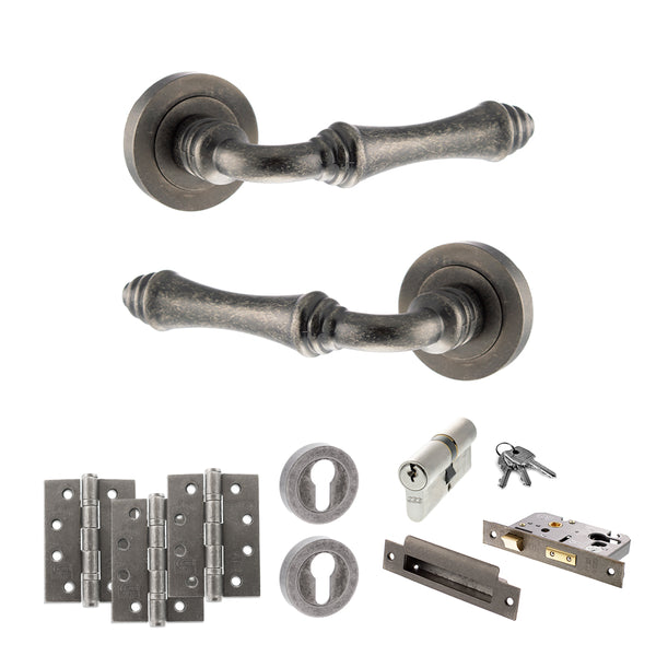 Old English Durham Door Handle Pack (Euro Lock Set - 3" CE Sashlock, 4" Fire Rated Hinges x3) by Atlantic Hardware