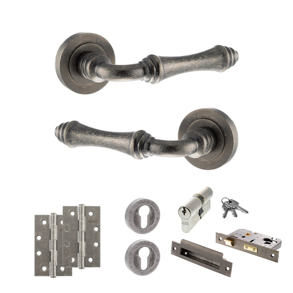 Old English Durham Door Handle Pack (Euro Lock Set - 3" CE Sashlock, 4" Slim Knuckle Hinges x2) by Atlantic Hardware