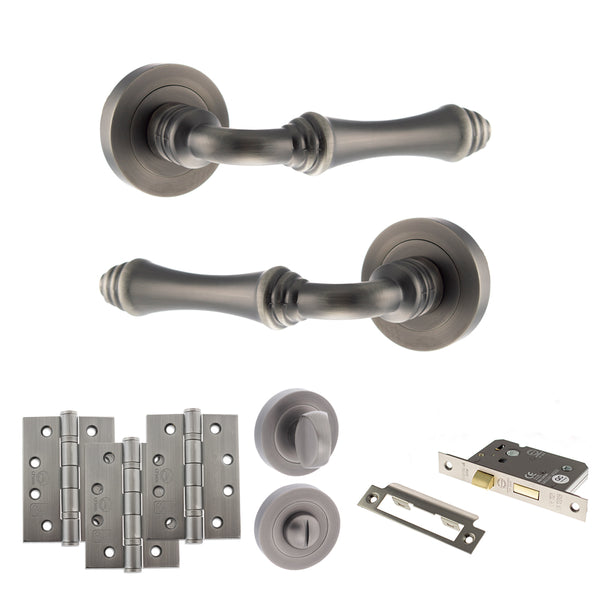Old English Durham Door Handle Pack (Bathroom Set - 3" CE Bathroom Lock, 4" Fire Rated Hinges x3) by Atlantic Hardware