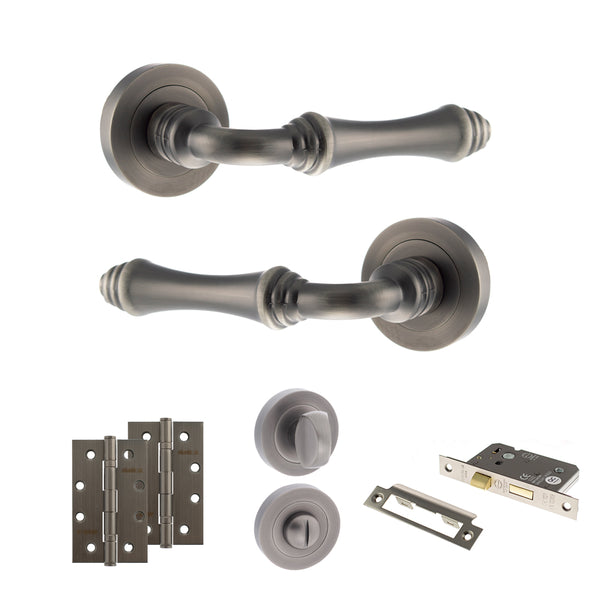Old English Durham Door Handle Pack (Bathroom Set - 3" CE Bathroom Lock, 4" Slim Knuckle Hinges x2) by Atlantic Hardware