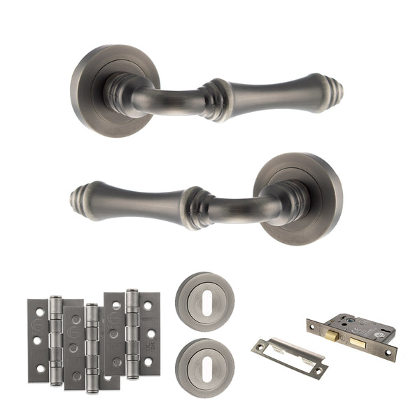 Old English Durham Door Handle Pack (3 Lever Lock Set - 3" CE Sashlock, 3" Fire Rated Hinges x3) by Atlantic Hardware