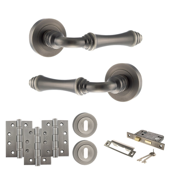 Old English Durham Door Handle Pack (3 Lever Lock Set - 3" CE Sashlock, 4" Fire Rated Hinges x3) by Atlantic Hardware