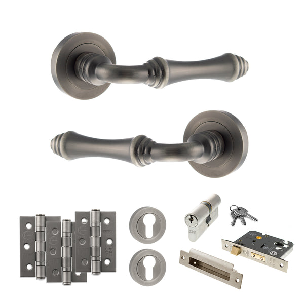 Old English Durham Door Handle Pack (Euro Lock Set - 3" CE Sashlock, 3" Fire Rated Hinges x3) by Atlantic Hardware