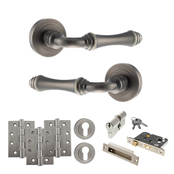 Old English Durham Door Handle Pack (Euro Lock Set - 2.5" CE Sashlock, 4" Fire Rated Hinges x3) by Atlantic Hardware