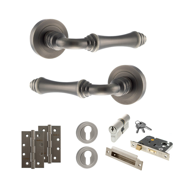 Old English Durham Door Handle Pack (Euro Lock Set - 3" CE Sashlock, 4" Slim Knuckle Hinges x2) by Atlantic Hardware