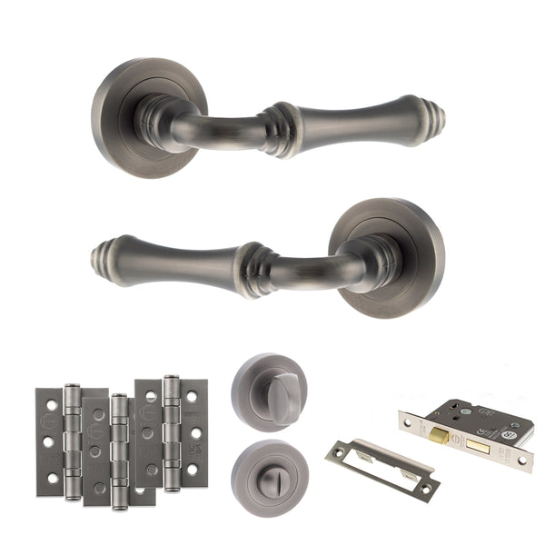 Old English Durham Door Handle Pack (Bathroom Set - 3" CE Bathroom Lock, 3" Fire Rated Hinges x3) by Atlantic Hardware