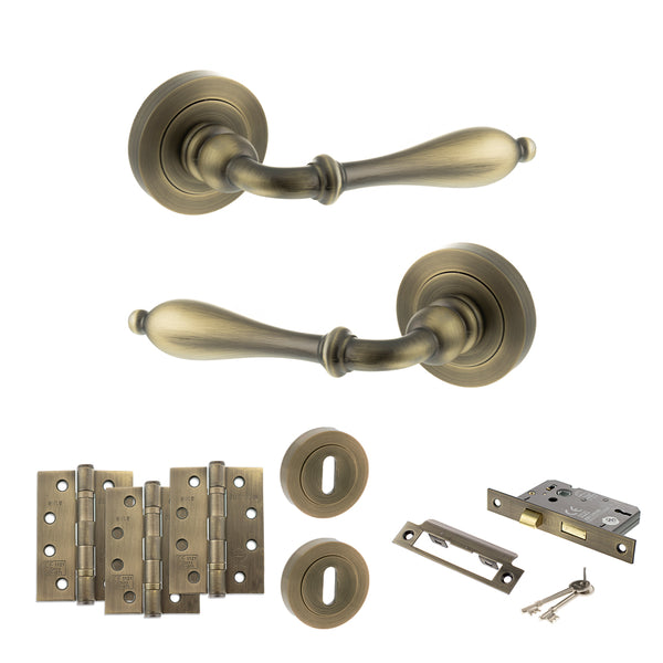 Old English Wrexham Door Handle Pack (3 Lever Lock Set - 3" CE Sashlock, 4" Fire Rated Hinges x3) by Atlantic Hardware
