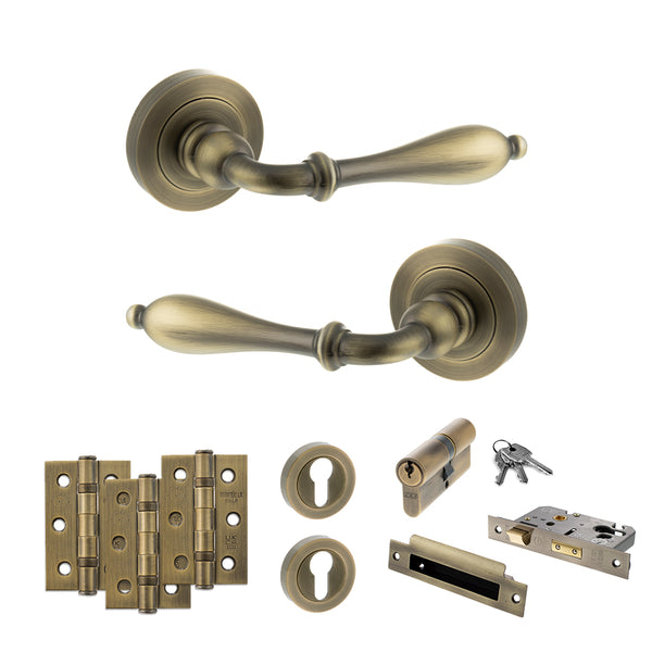 Old English Wrexham Door Handle Pack (Euro Lock Set - 3" CE Sashlock, 3" Fire Rated Hinges x3) by Atlantic Hardware