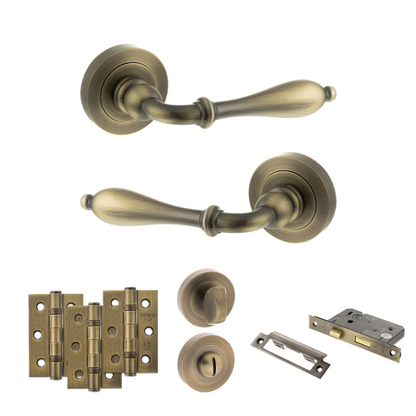 Old English Wrexham Door Handle Pack (Bathroom Set - 2.5" CE Bathroom Lock, 3" Fire Rated Hinges x3) by Atlantic Hardware