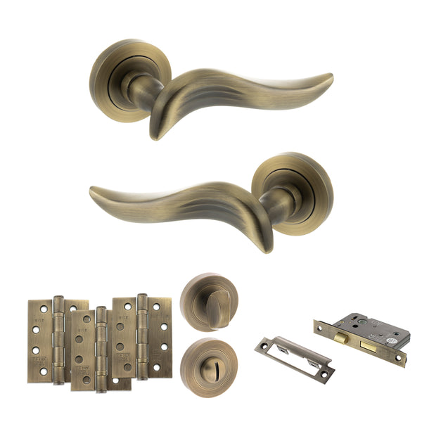 Old English Oxford Door Handle Pack (Bathroom Set - 2.5" CE Bathroom Lock, 4" Fire Rated Hinges x3) by Atlantic Hardware