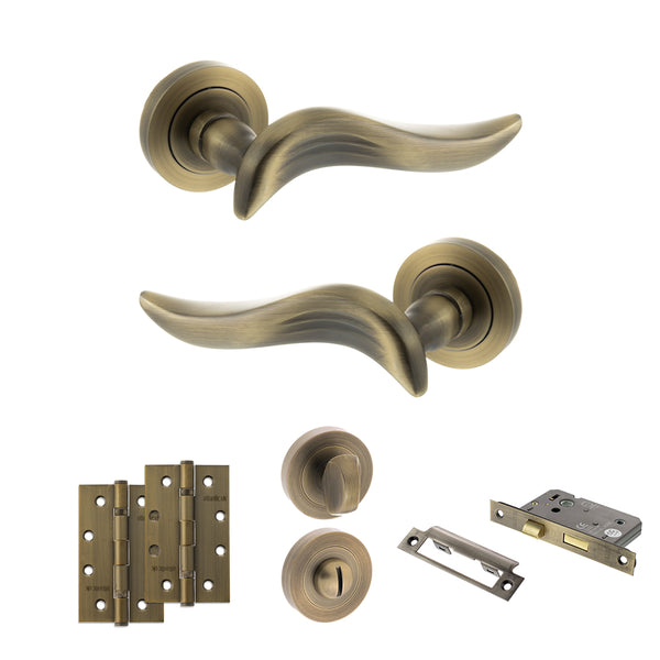 Old English Oxford Door Handle Pack (Bathroom Set - 3" CE Bathroom Lock, 4" Slim Knuckle Hinges x2) by Atlantic Hardware