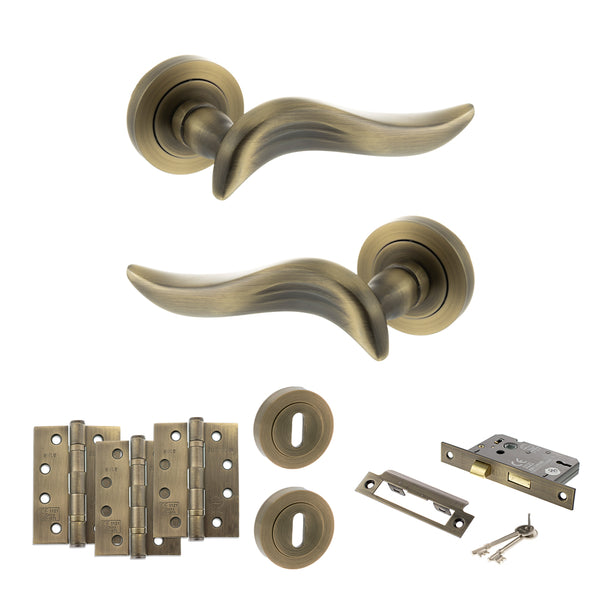 Old English Oxford Door Handle Pack (3 Lever Lock Set - 3" CE Sashlock, 4" Fire Rated Hinges x3) by Atlantic Hardware