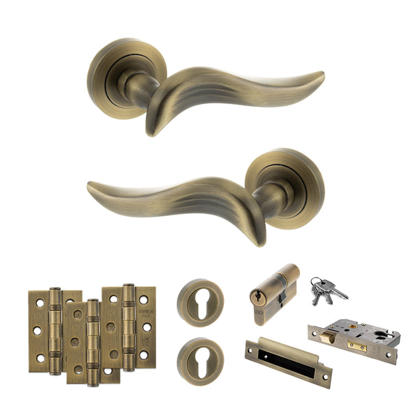 Old English Oxford Door Handle Pack (Euro Lock Set - 3" CE Sashlock, 3" Fire Rated Hinges x3) by Atlantic Hardware