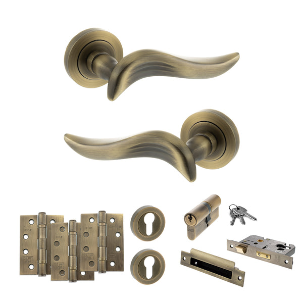 Old English Oxford Door Handle Pack (Euro Lock Set - 3" CE Sashlock, 4" Fire Rated Hinges x3) by Atlantic Hardware
