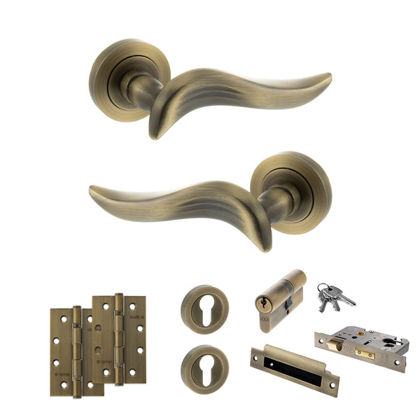 Old English Oxford Door Handle Pack (Euro Lock Set - 3" CE Sashlock, 4" Slim Knuckle Hinges x2) by Atlantic Hardware