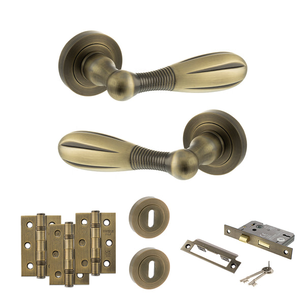 Old English Cambridge Door Handle Pack (3 Lever Lock Set - 3" CE Sashlock, 3" Fire Rated Hinges x3) by Atlantic Hardware
