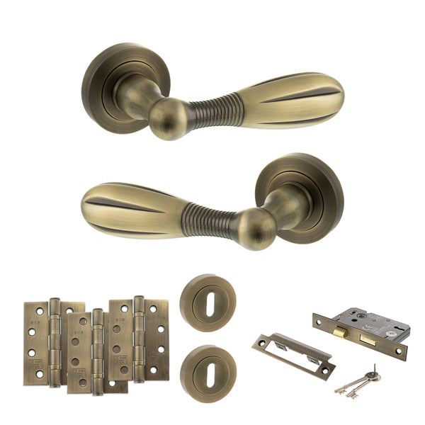 Old English Cambridge Door Handle Pack (3 Lever Lock Set - 2.5" CE Sashlock, 4" Fire Rated Hinges x3) by Atlantic Hardware