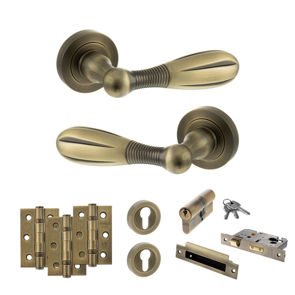 Old English Cambridge Door Handle Pack (Euro Lock Set - 3" CE Sashlock, 3" Fire Rated Hinges x3) by Atlantic Hardware