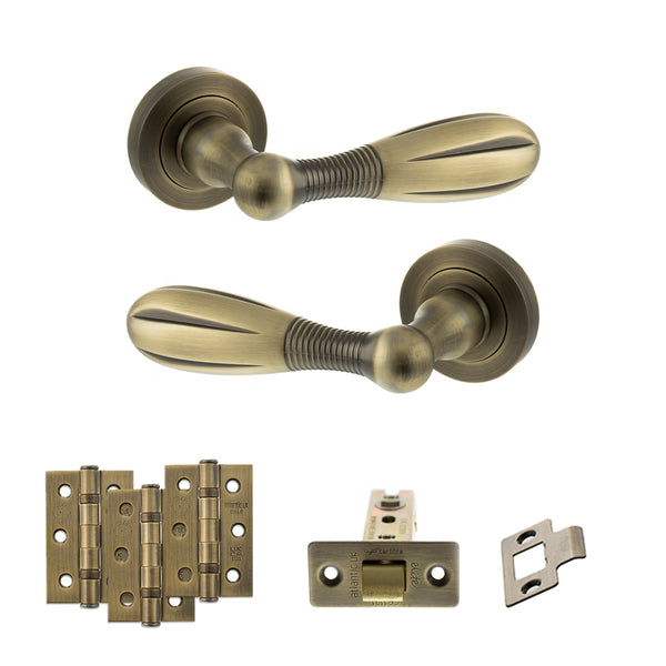 Old English Cambridge Door Handle Pack (Latch Set - 3" CE Latch, 3" Fire Rated Hinges x3) by Atlantic Hardware
