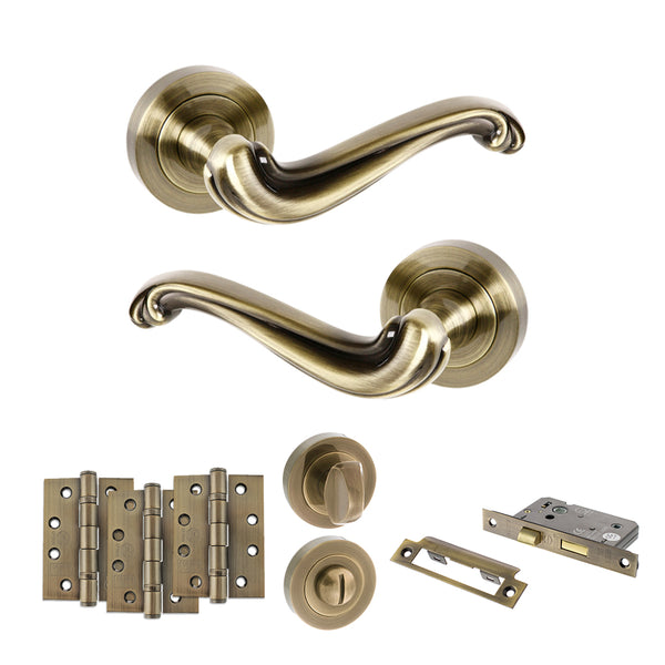 Old English Colchester Door Handle Pack (Bathroom Set - 3" CE Bathroom Lock, 4" Fire Rated Hinges x3) by Atlantic Hardware