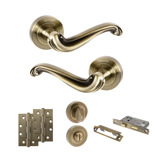 Old English Colchester Door Handle Pack (Bathroom Set - 2.5" CE Bathroom Lock, 4" Slim Knuckle Hinges x2) by Atlantic Hardware