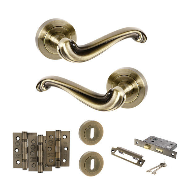 Old English Colchester Door Handle Pack (3 Lever Lock Set - 3" CE Sashlock, 3" Fire Rated Hinges x3) by Atlantic Hardware