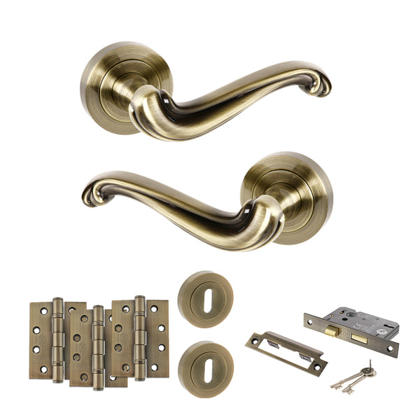 Old English Colchester Door Handle Pack (3 Lever Lock Set - 2.5" CE Sashlock, 4" Fire Rated Hinges x3) by Atlantic Hardware