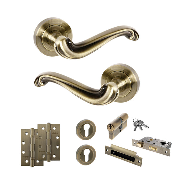 Old English Colchester Door Handle Pack (Euro Lock Set - 3" CE Sashlock, 4" Slim Knuckle Hinges x2) by Atlantic Hardware
