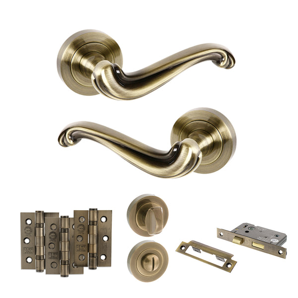 Old English Colchester Door Handle Pack (Bathroom Set - 3" CE Bathroom Lock, 3" Fire Rated Hinges x3) by Atlantic Hardware