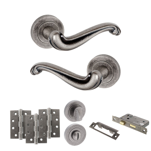 Old English Colchester Door Handle Pack (Bathroom Set - 3" CE Bathroom Lock, 4" Fire Rated Hinges x3) by Atlantic Hardware