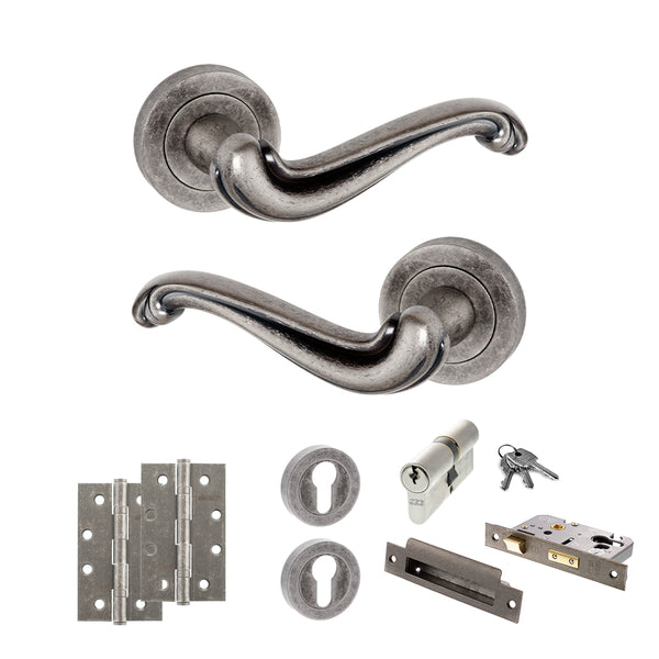 Old English Colchester Door Handle Pack (Euro Lock Set - 3" CE Sashlock, 4" Slim Knuckle Hinges x2) by Atlantic Hardware