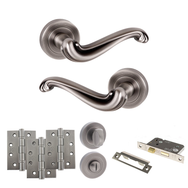 Old English Colchester Door Handle Pack (Bathroom Set - 3" CE Bathroom Lock, 4" Fire Rated Hinges x3) by Atlantic Hardware