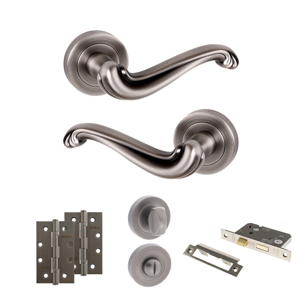 Old English Colchester Door Handle Pack (Bathroom Set - 3" CE Bathroom Lock, 4" Slim Knuckle Hinges x2) by Atlantic Hardware