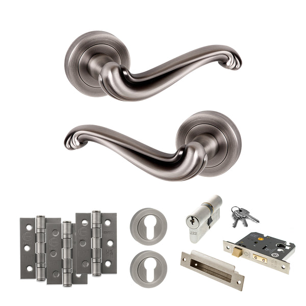 Old English Colchester Door Handle Pack (Euro Lock Set - 3" CE Sashlock, 3" Fire Rated Hinges x3) by Atlantic Hardware