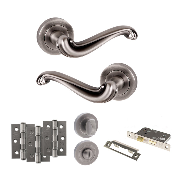 Old English Colchester Door Handle Pack (Bathroom Set - 3" CE Bathroom Lock, 3" Fire Rated Hinges x3) by Atlantic Hardware