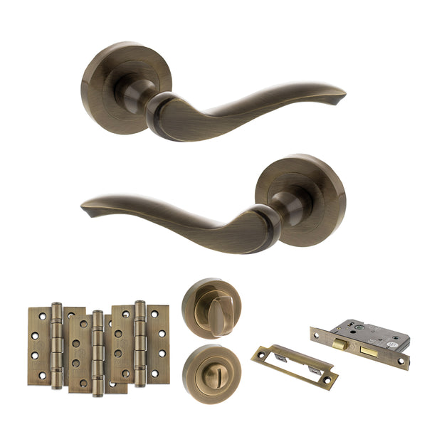 Old English Warwick Door Handle Pack (Bathroom Set - 2.5" CE Bathroom Lock, 4" Fire Rated Hinges x3) by Atlantic Hardware